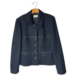 Neiman Marcus Coat Women Medium Black Wool Tweed Satin Trim Blazer Vintage Retro